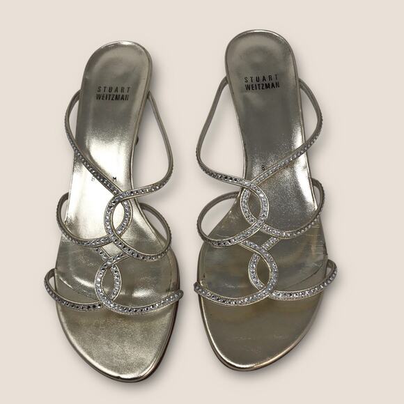 Stuart Weitzman Gold & Silver Leather Mules Crystal Embellished Kitten Heels 8.5 - Picture 7 of 9